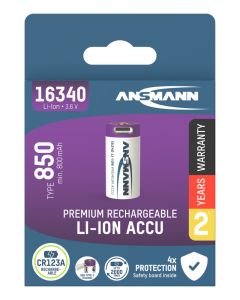 Li-Ion battery 16340 / RCR123 type 850 (min. 800 mAh) with USB type C charging socket