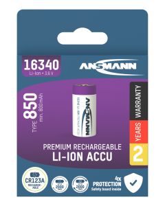 Li-Ion battery 16340 / RCR123 type 850 (min. 800 mAh)